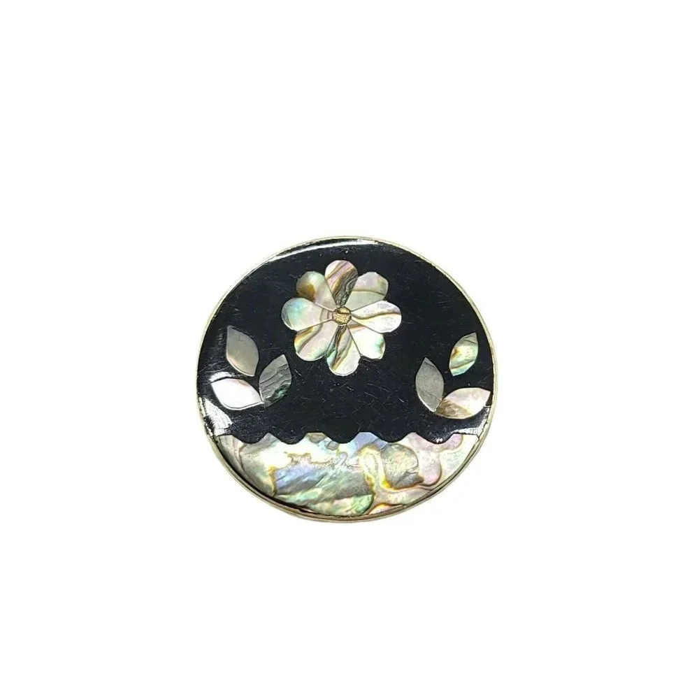Mexico Alpaca Abalone Onyx Inlay Flower Silver Tone Vintage Round Brooch